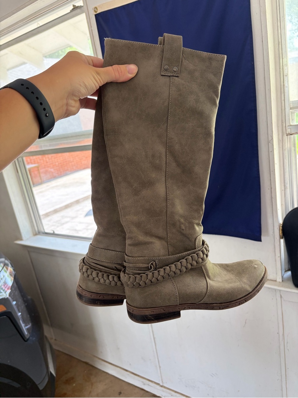 Rampage Taupe Over-the-Knee Braided Strap Suede Boots